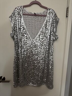 Metallic Silver V-Neck Shift Dress